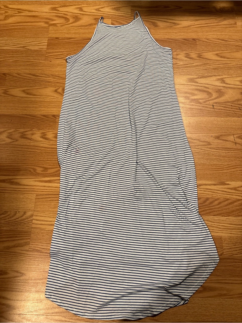 Woman’s Striped White and Navy One-Piece Maxi Dress spaghetti straps (see pics)